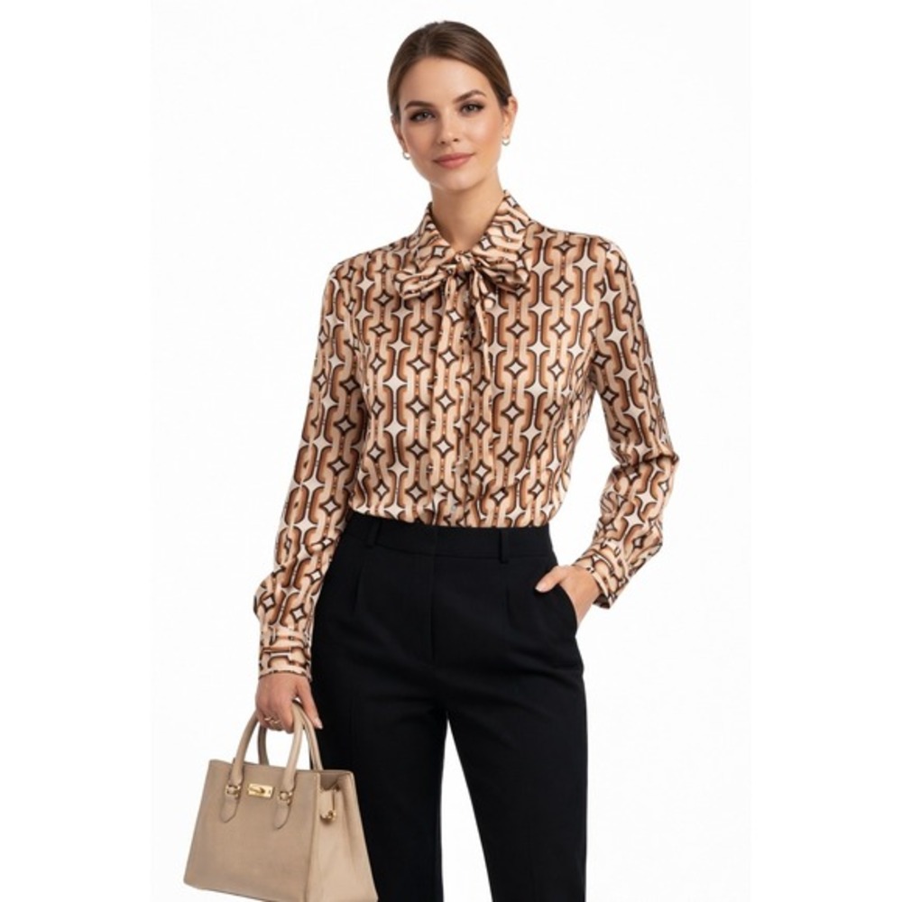 Diandian Didi Brown Geometric Chain Link Bow Blouse Long Sleeve Top XXL 80-69